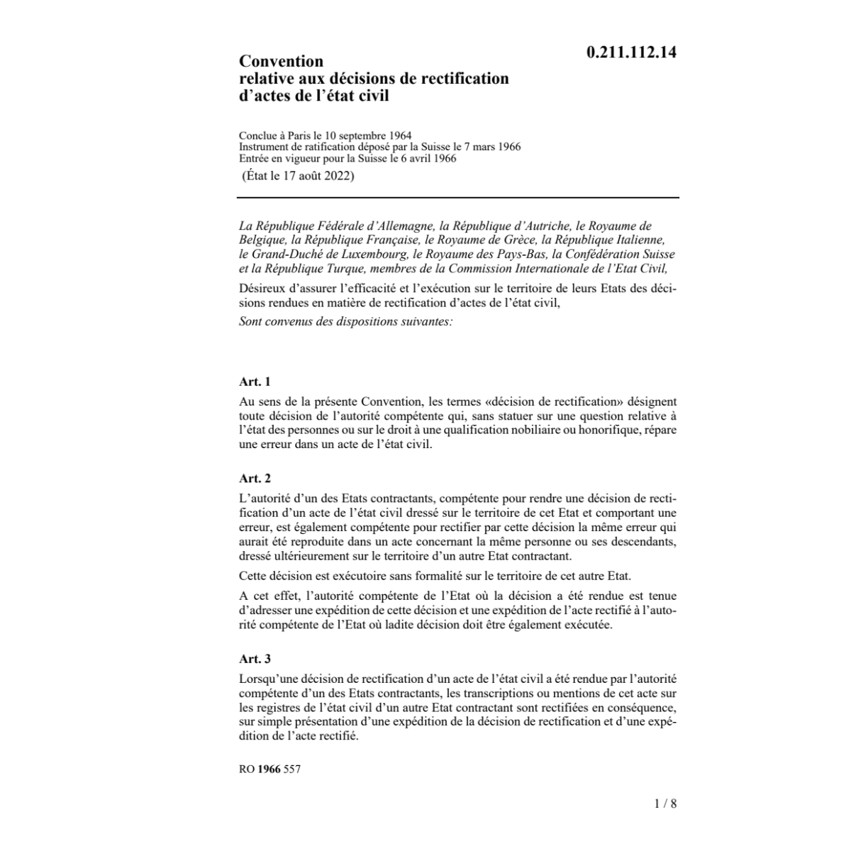 Conv. rectification d'actes état civil