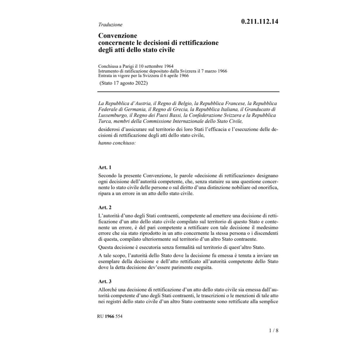 Conv. rettificazione atti stato civile