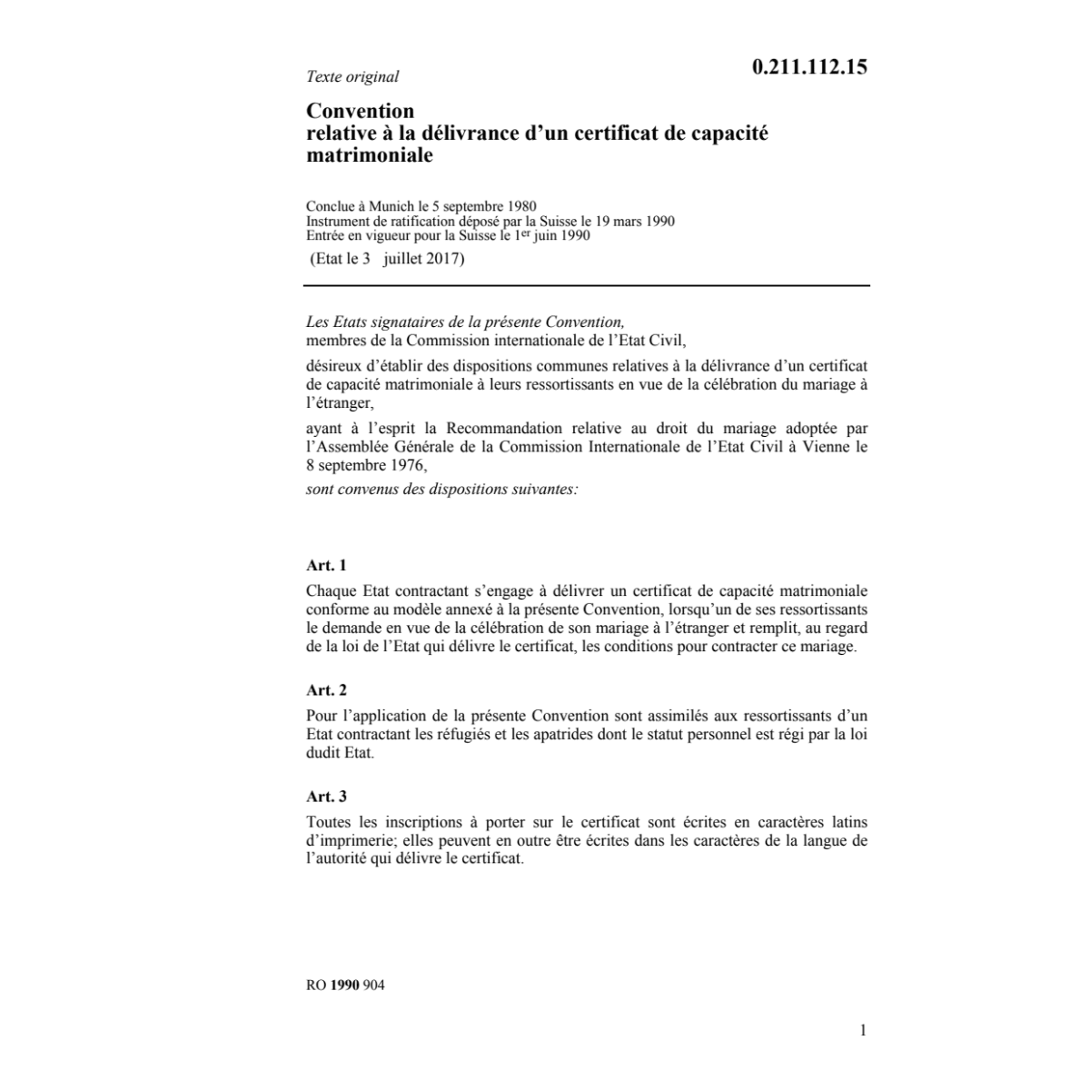 Conv certificat de capacité matrimoniale