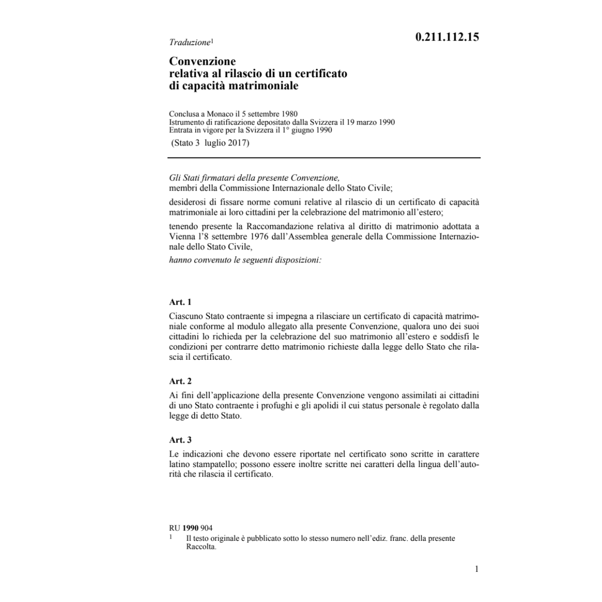 Conv. certificato capacità matrimoniale