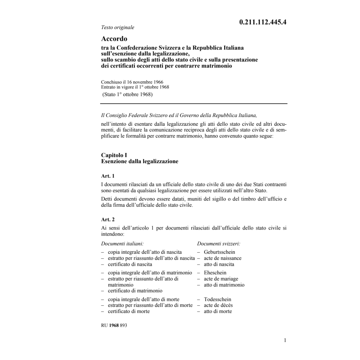 Acc. Italia atti dello stato civile