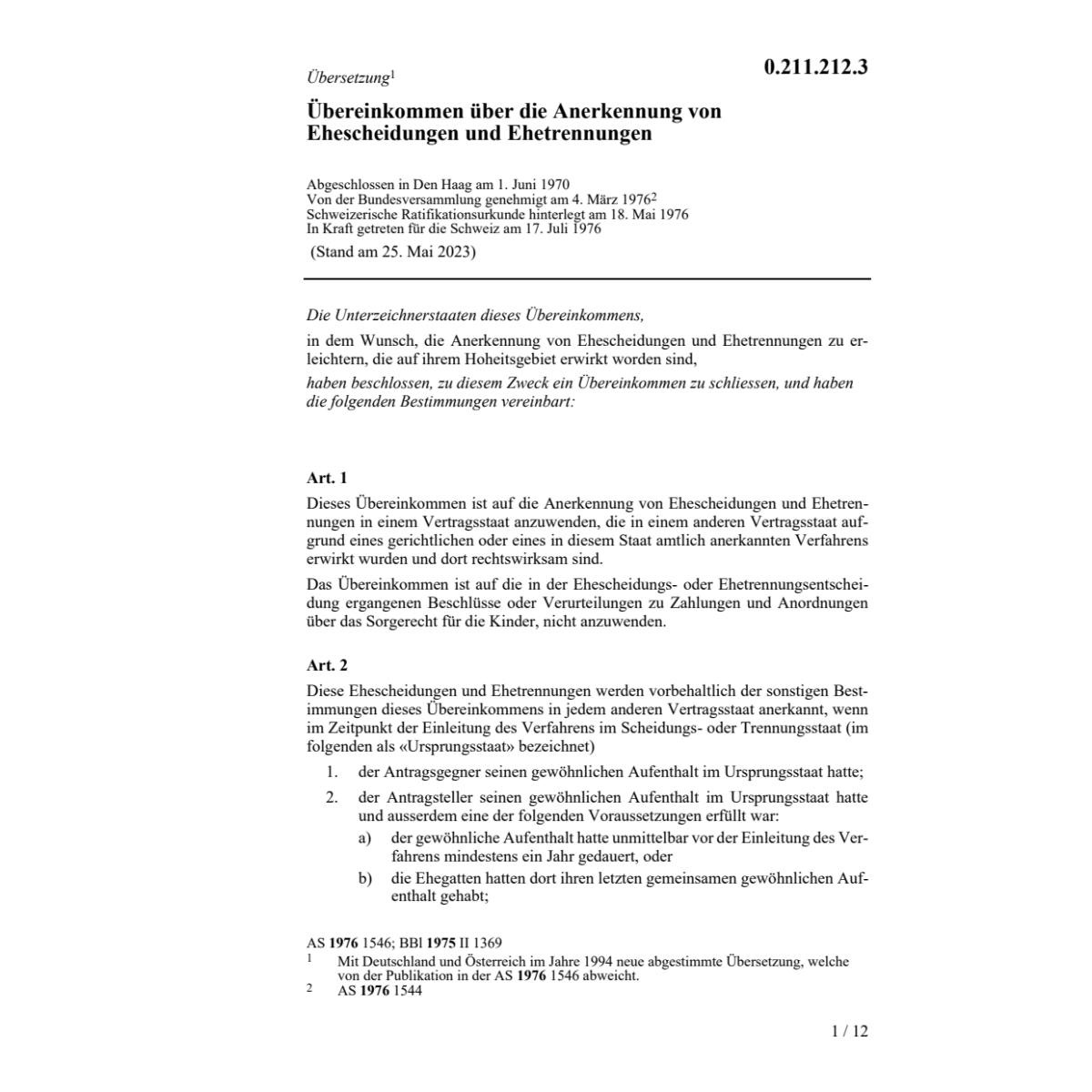 Übereink. Ehescheidungen, Ehetrennungen