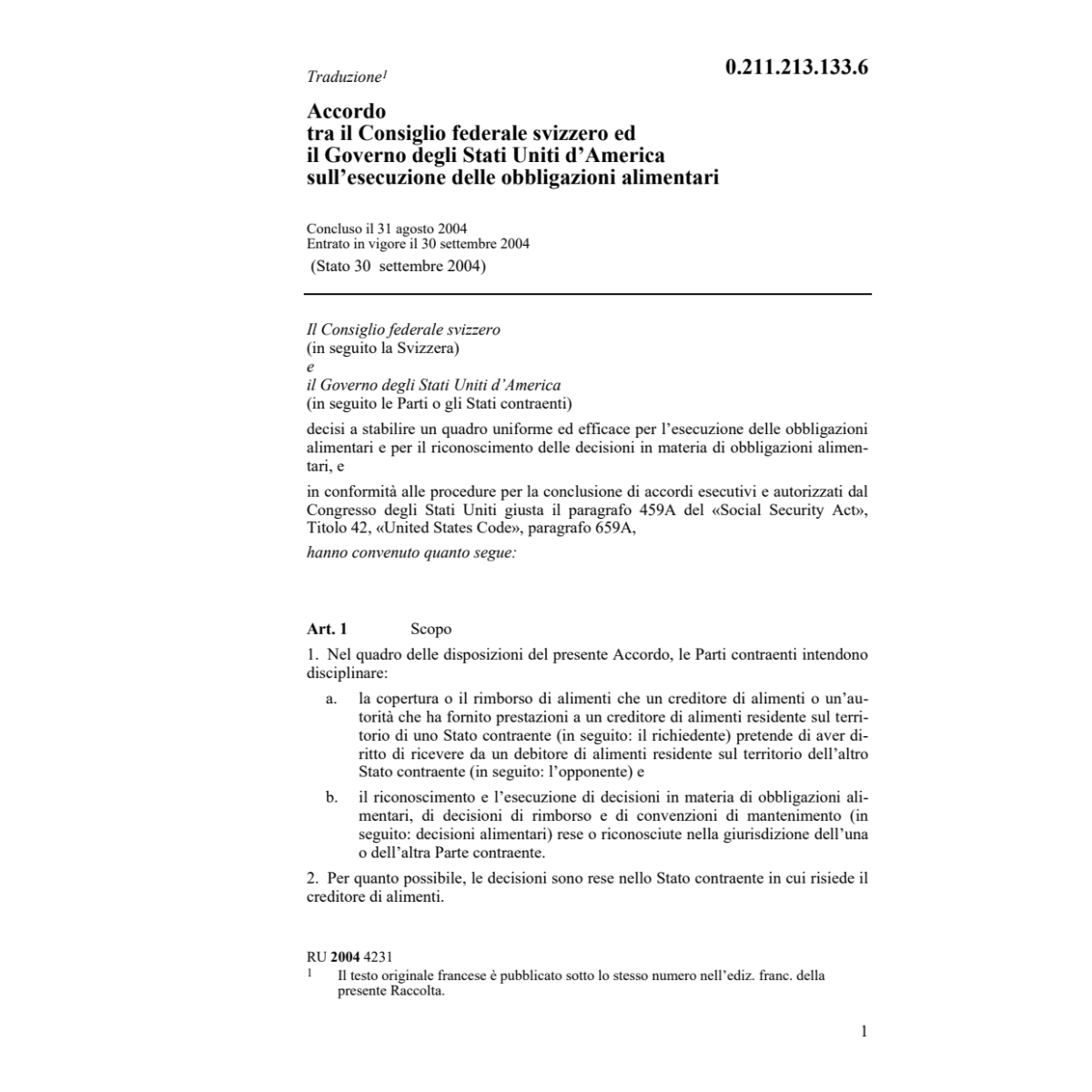 Acc.CH-USA obbliganzioni alimentari