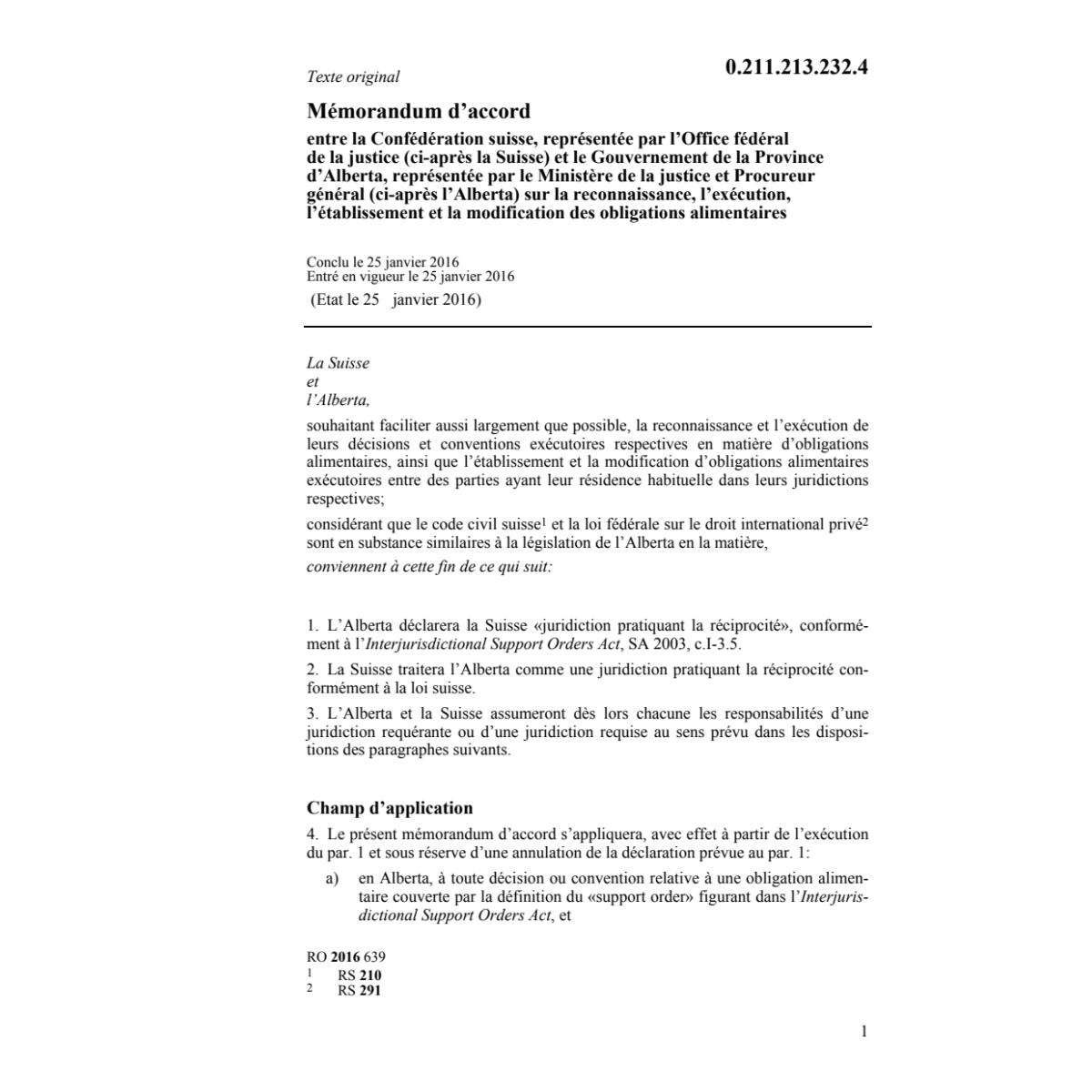 Mémorandum d'accord Suisse/Alberta