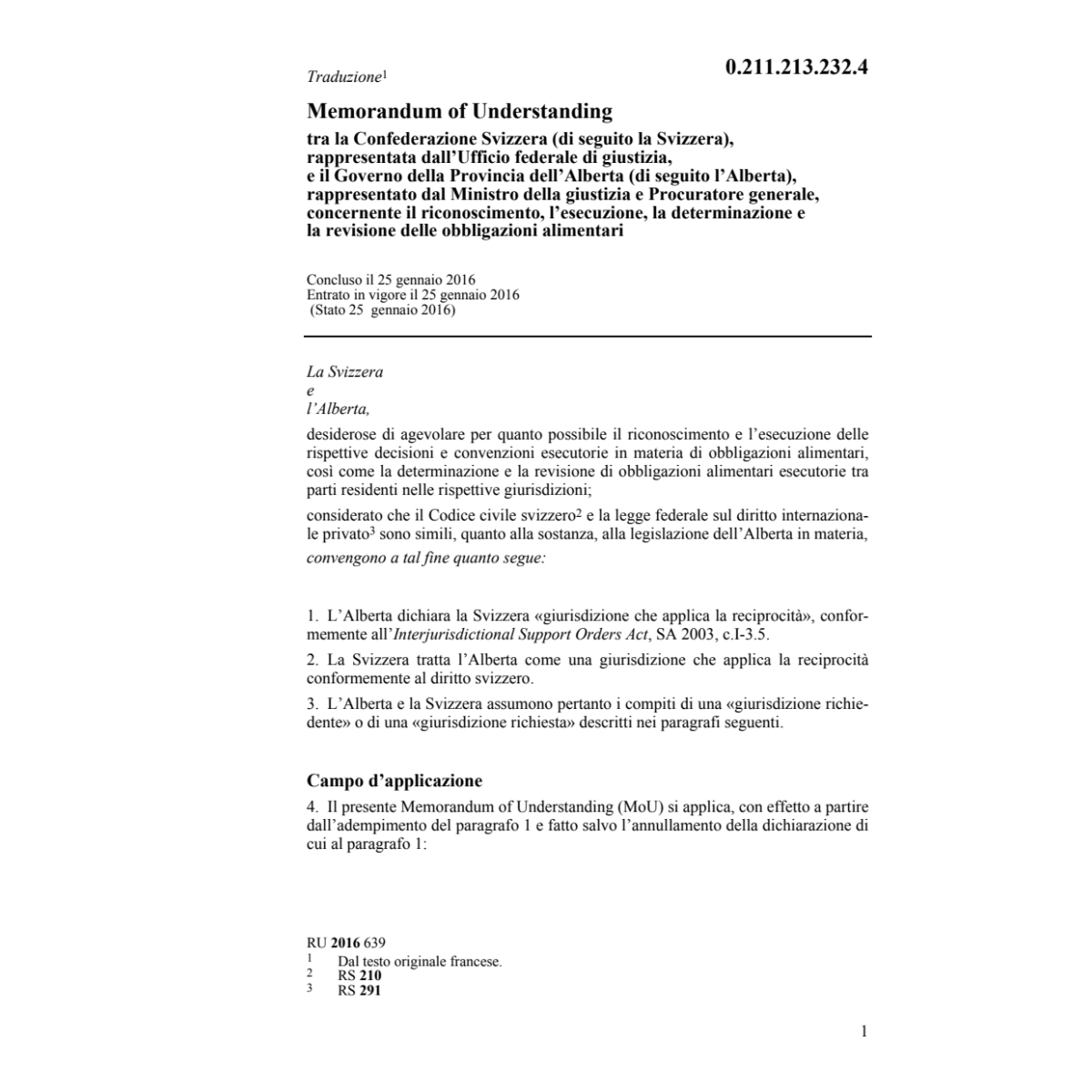 Memorandum of U. Svizzera/Alberta
