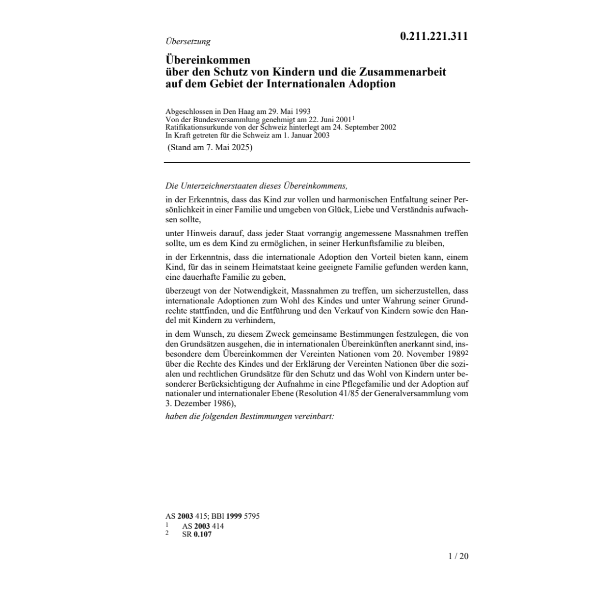 Haager Uebereink.Schutz Kindern Adoption