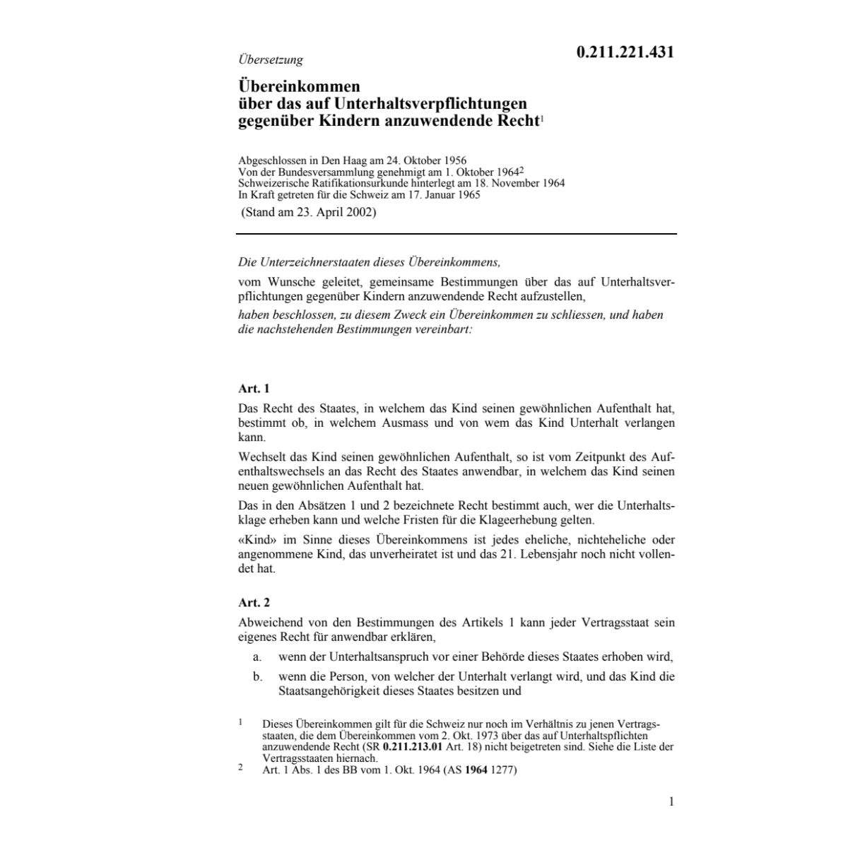 Haager Übereink. Unterhaltsverpfl.Kinder