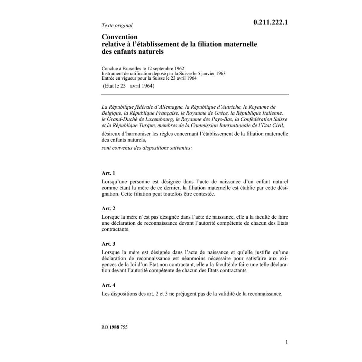 Conv. établissement filiation maternelle