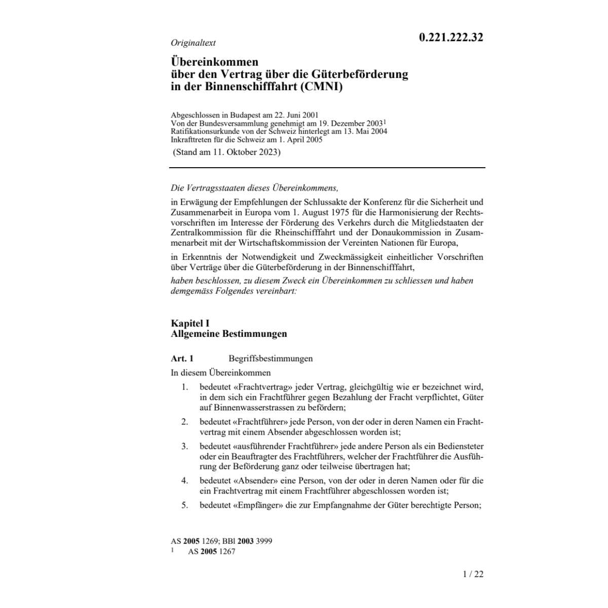 Budap.Übereink. Güterbeförderung CMNI