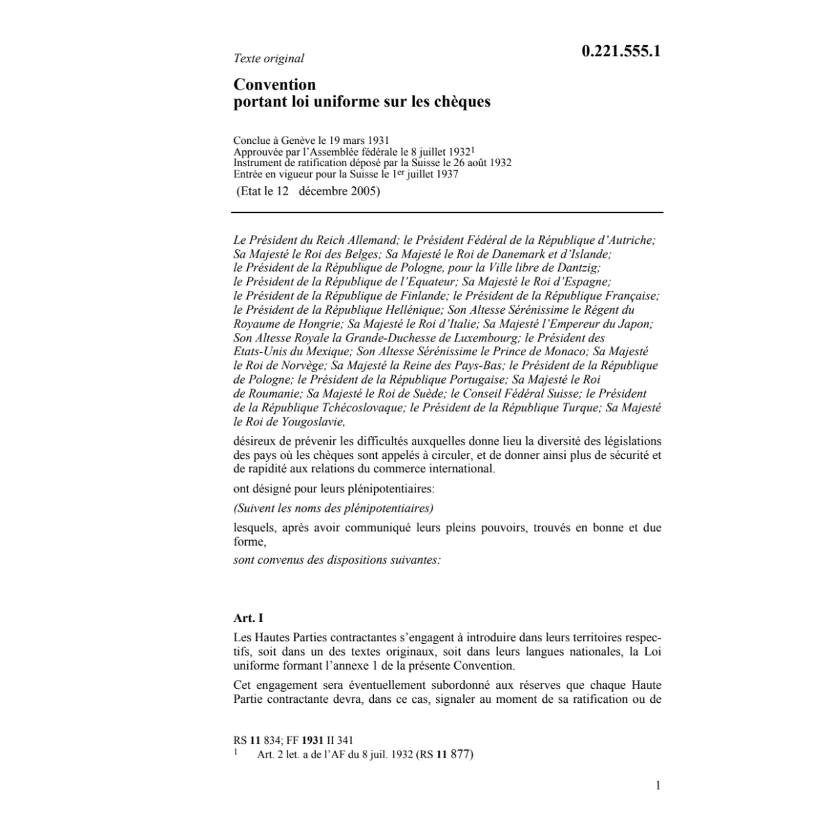 Conv. loi uniforme sur les chèques