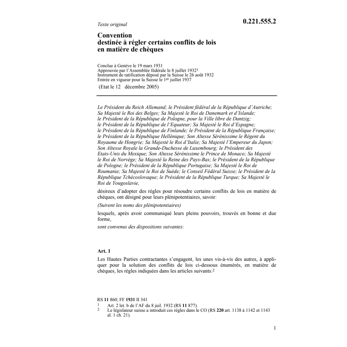 Conv. conflits de lois matière de chèque