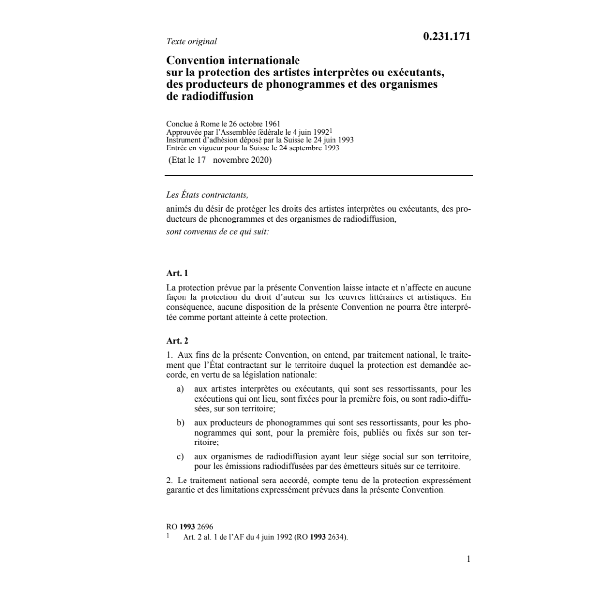 Conv. internat. protection des artistes