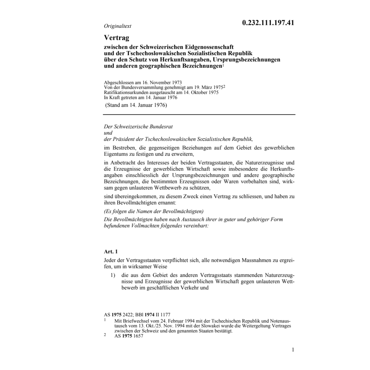 Vertrag CSSR Schutz Herkunftsangaben