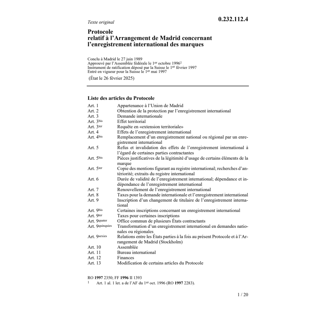 Prot. ar. Madrid enregistrement marques