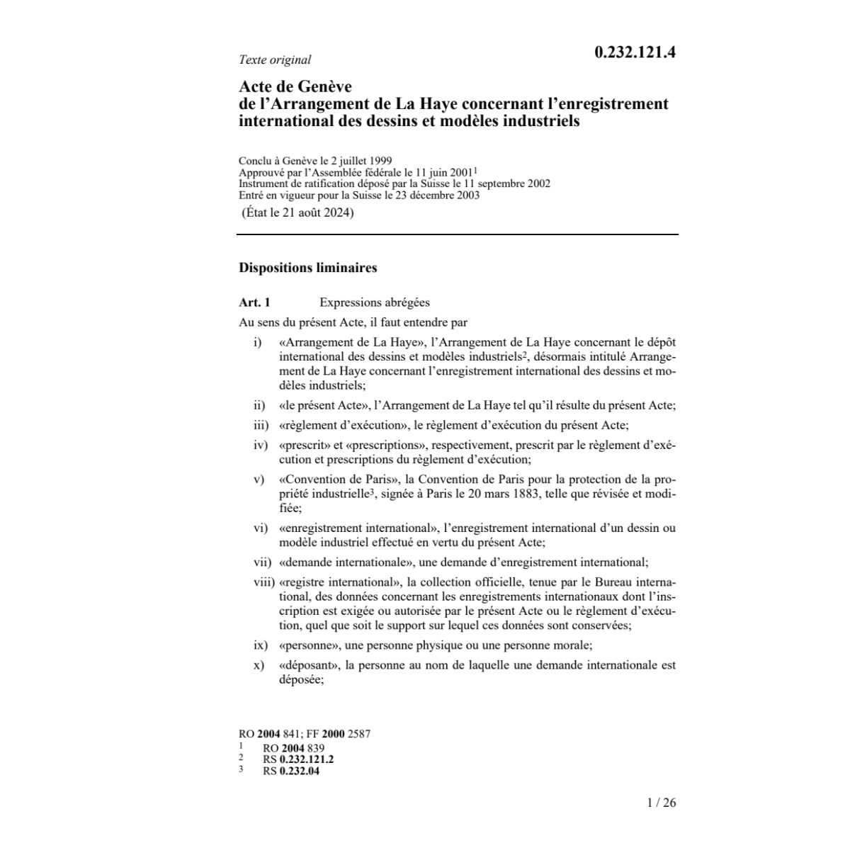 Acte de Genève enregistr.intern.modèles