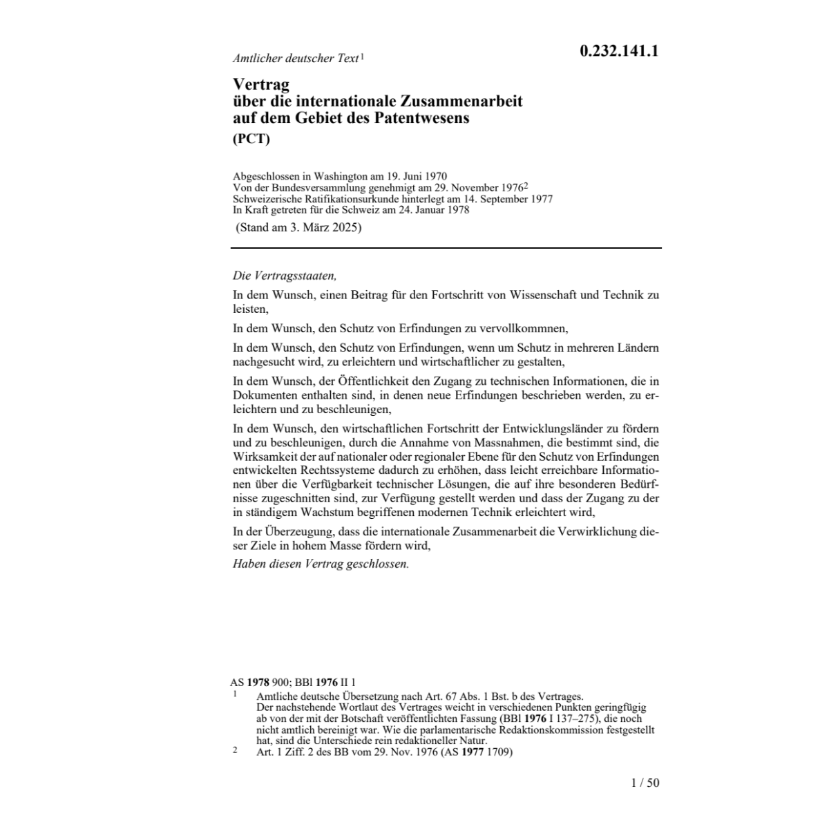 Vertrag Zusammenarbeit Patentwesen PCT