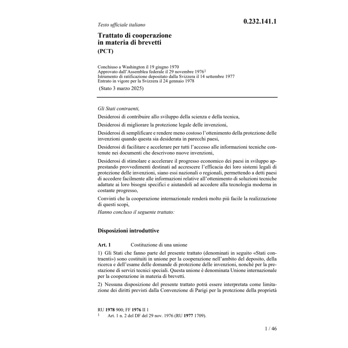 Tratt. cooperaz. materia di brevetti PCT
