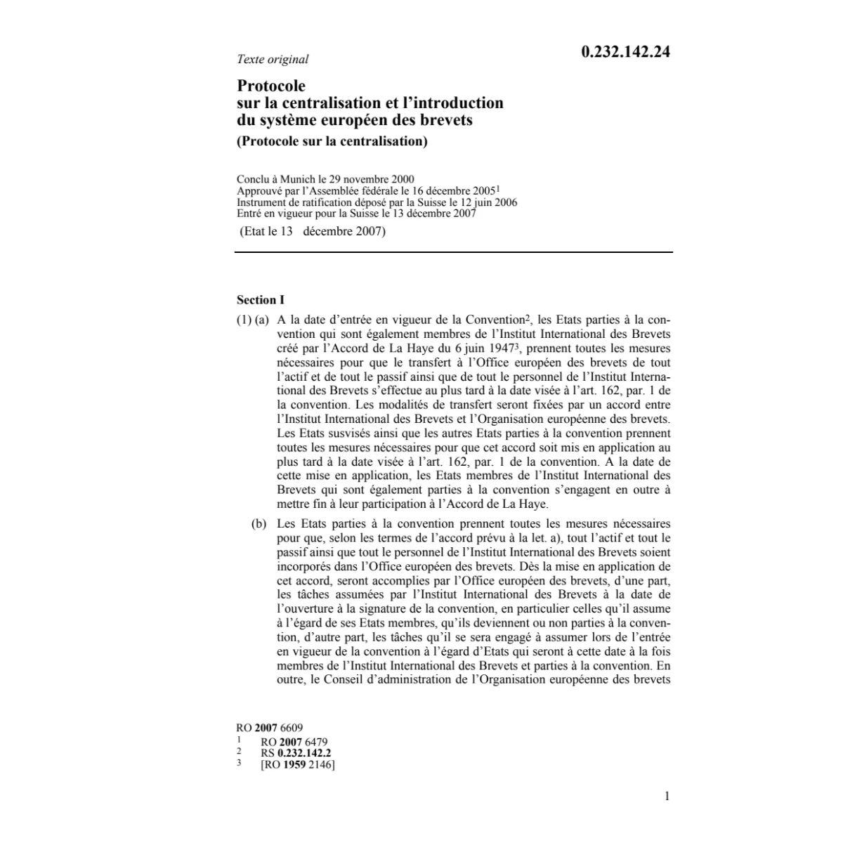 Prot. centralisation système des brevets