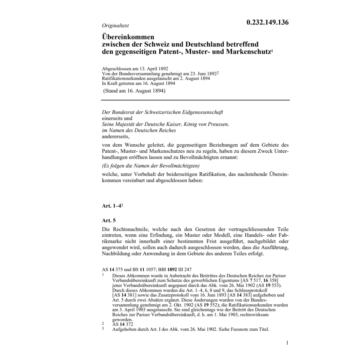 Übereink. Patent-, Markenschutz BRD