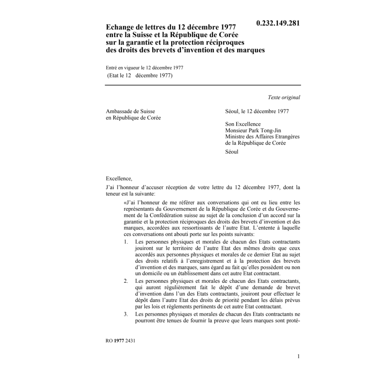 Lettres protection brevets marques Corée
