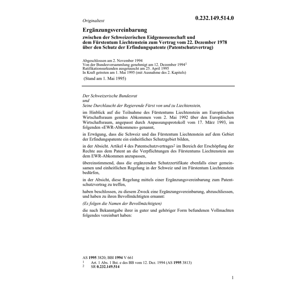 Ergänzungsvereinb Patentschutzvertrag FL
