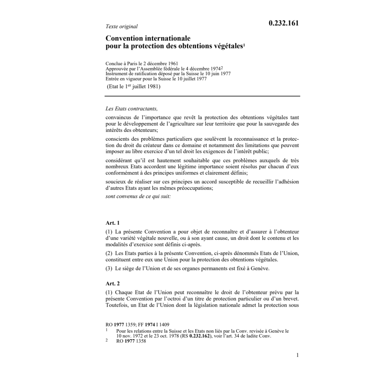 Conv. protection obtentions végétales