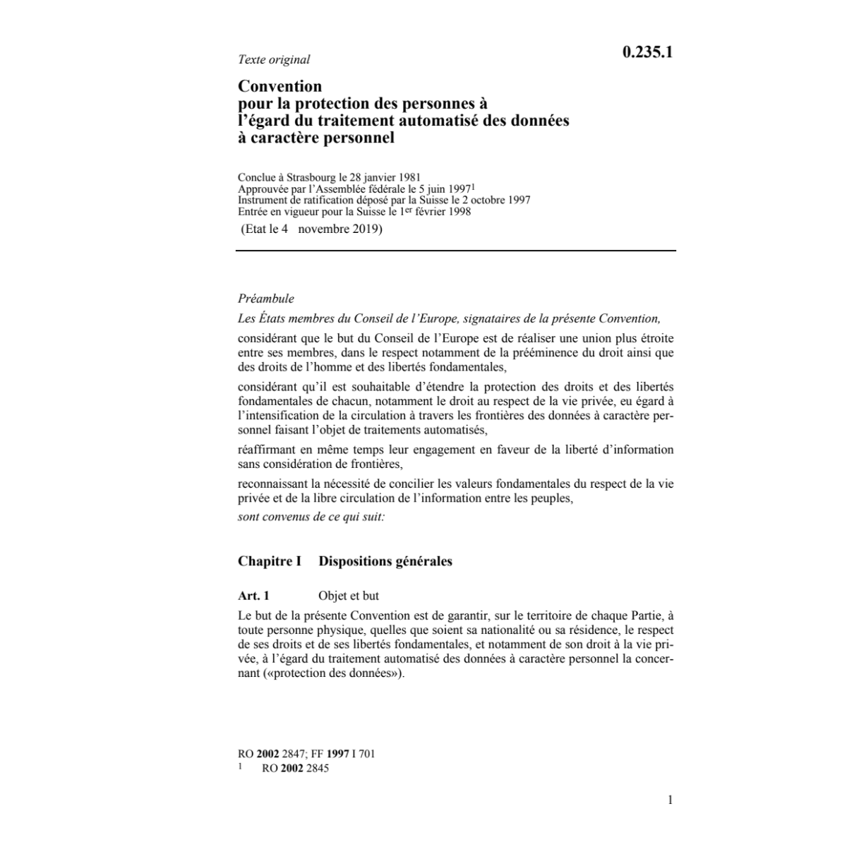 Conv protect. personne traitment données