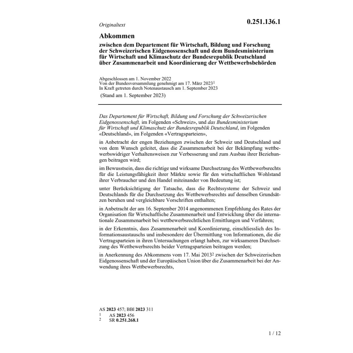 Abk. Zusammenarbeit Wettbewerbsbehörden
