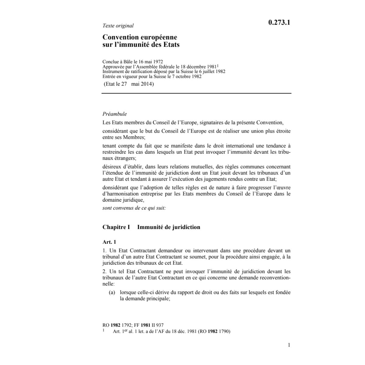 Conv. européenne immunité des Etats