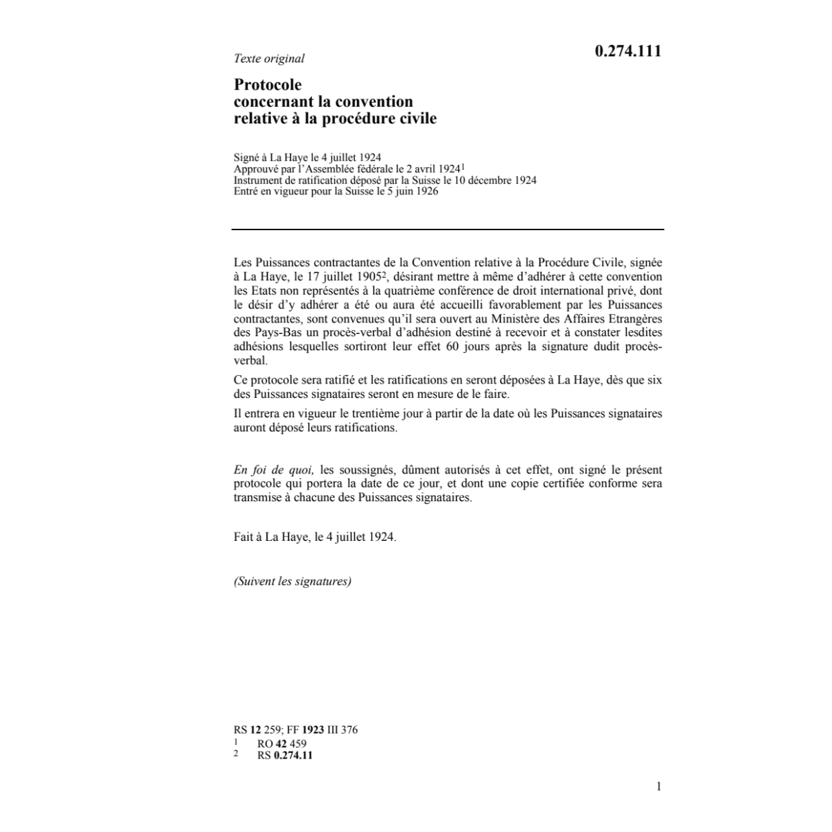 Prot. procédure civile