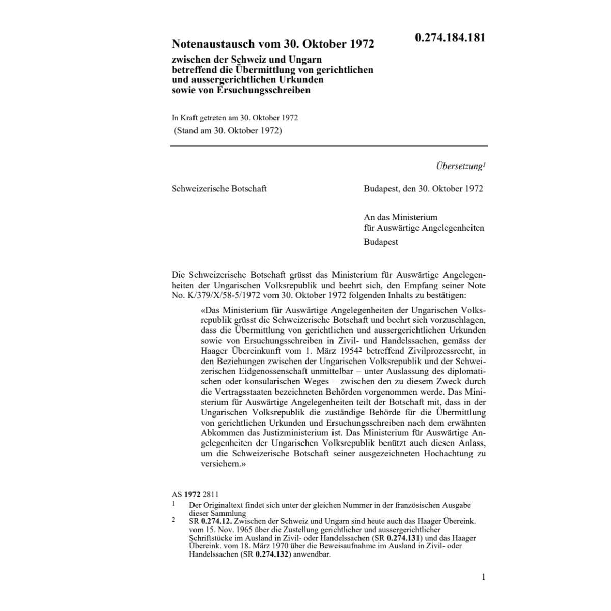 Noten. Übermittlung Urkunden Ungarn
