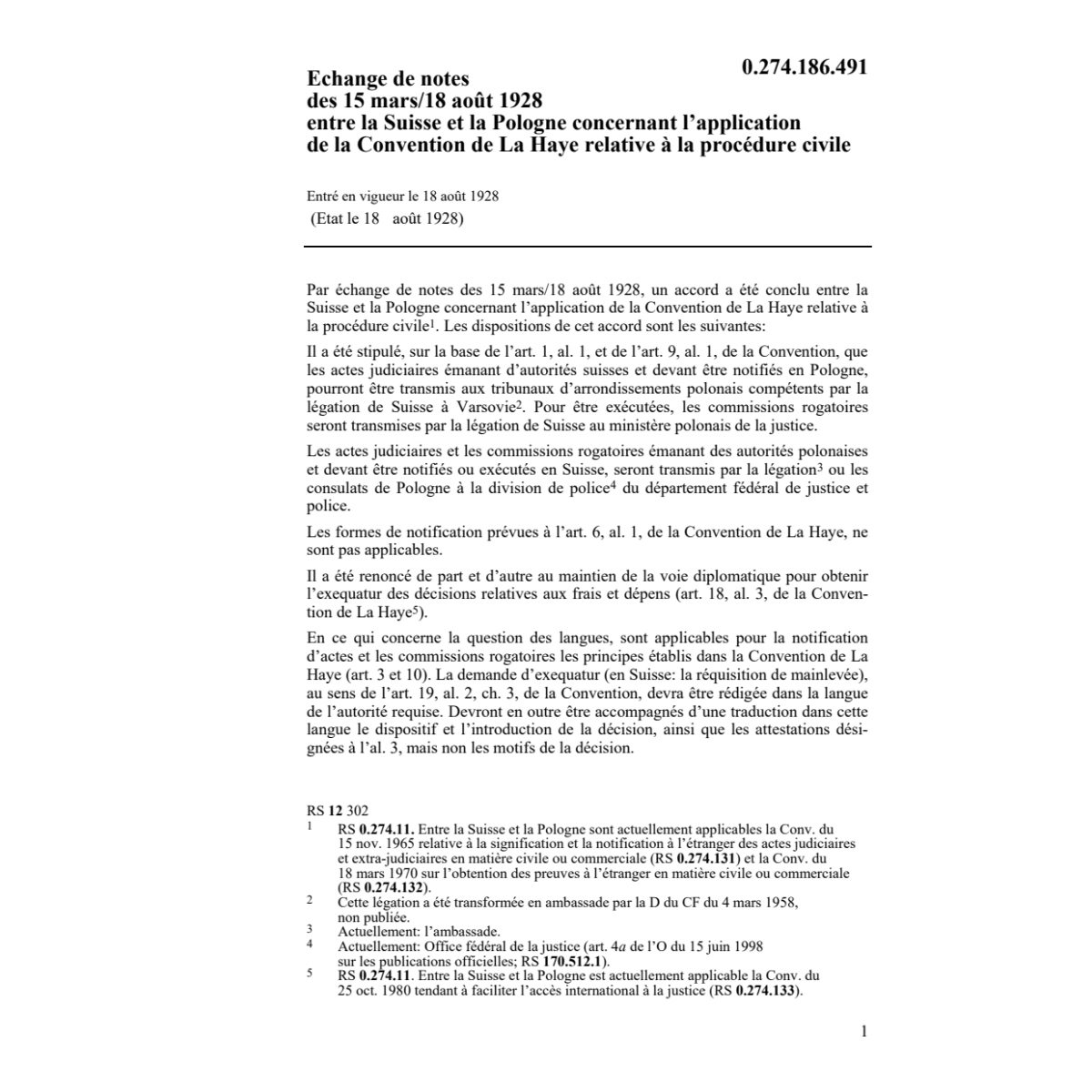 Echange de notes Pologne procédure civil