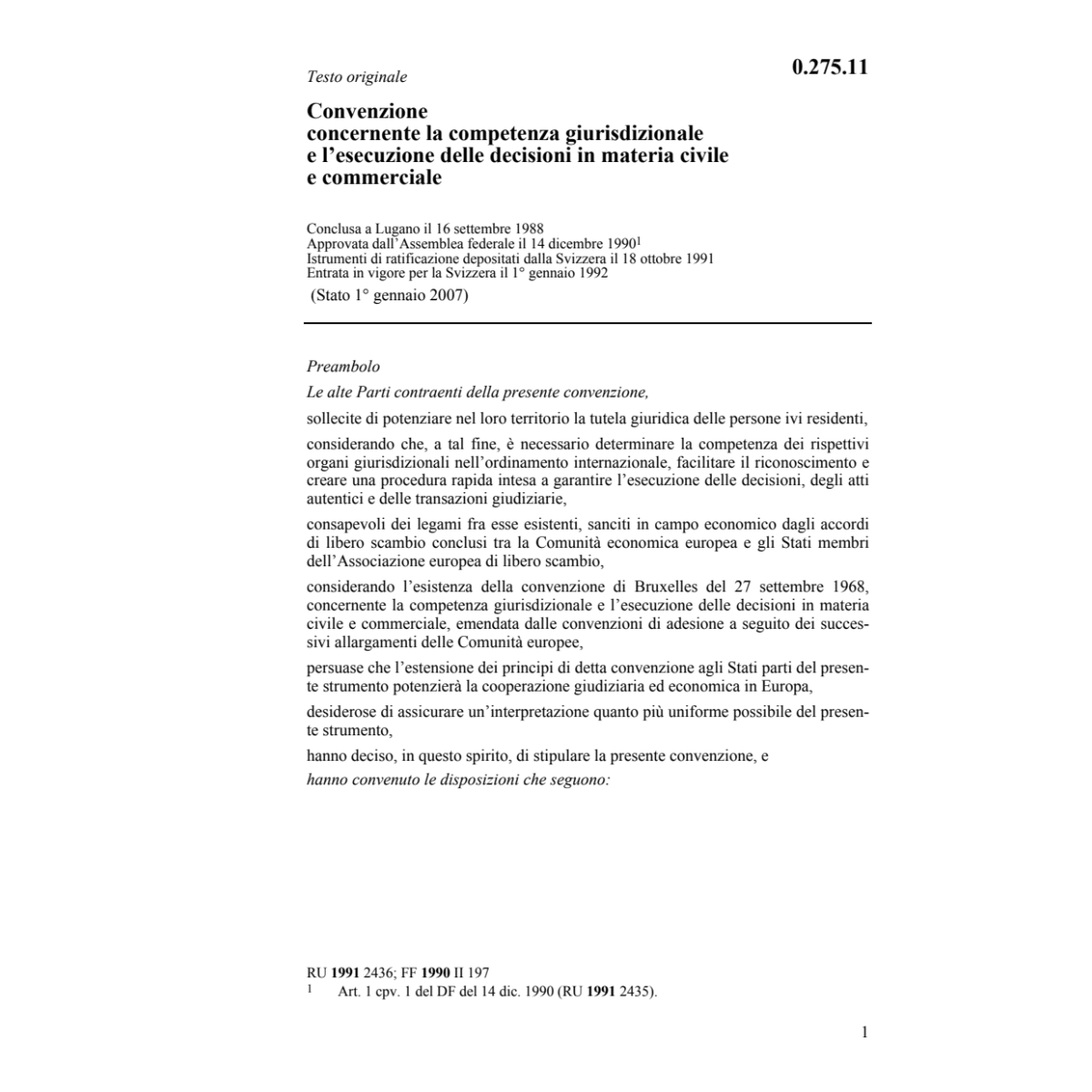 Conv. competenza giurisdizionale Lugano