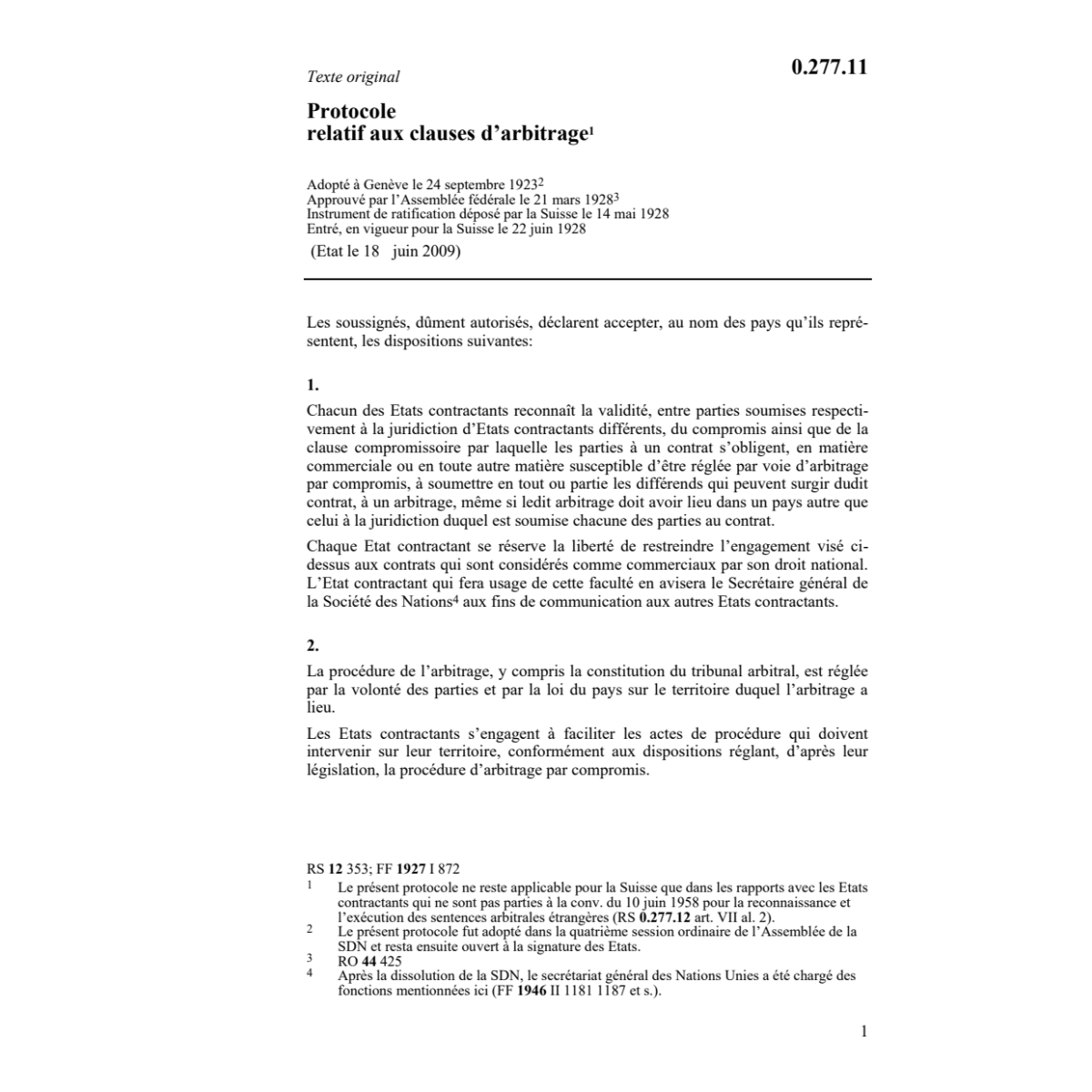 Prot 24 septembre 1923 clauses arbitrage