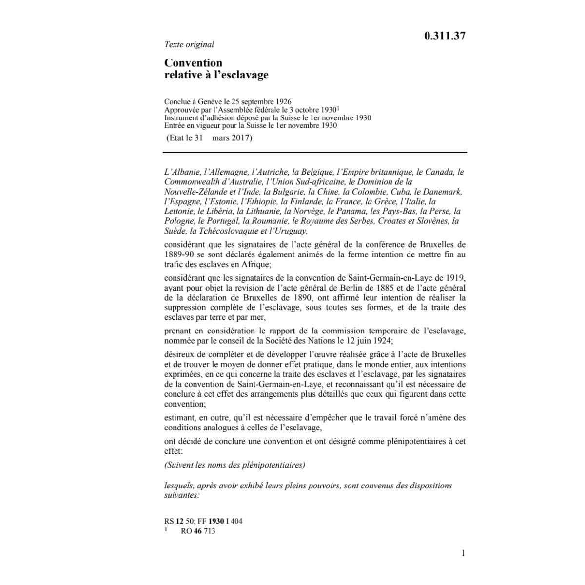 Conv. relative à l'esclavage