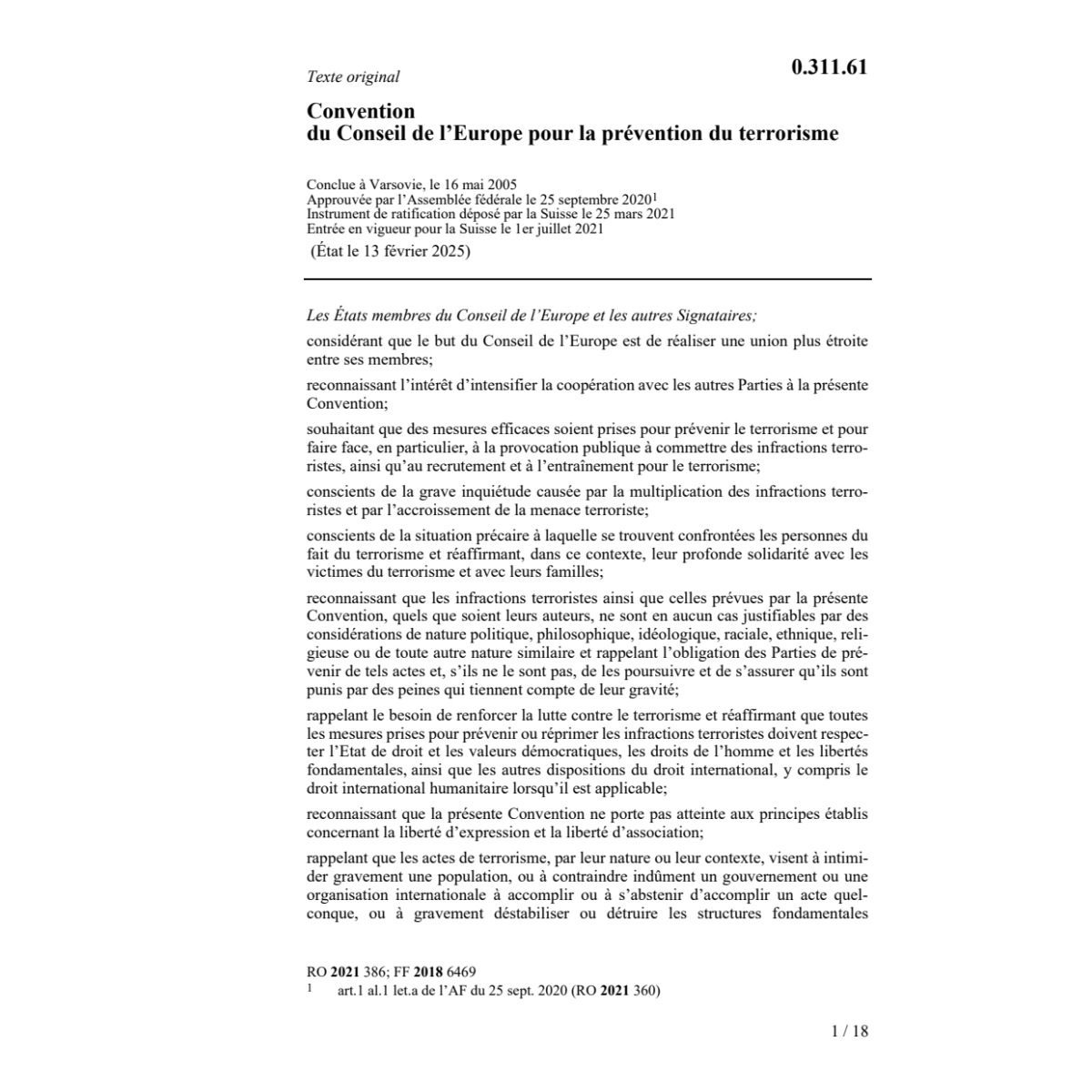 Conv. Conseil de l`Europe terrorisme