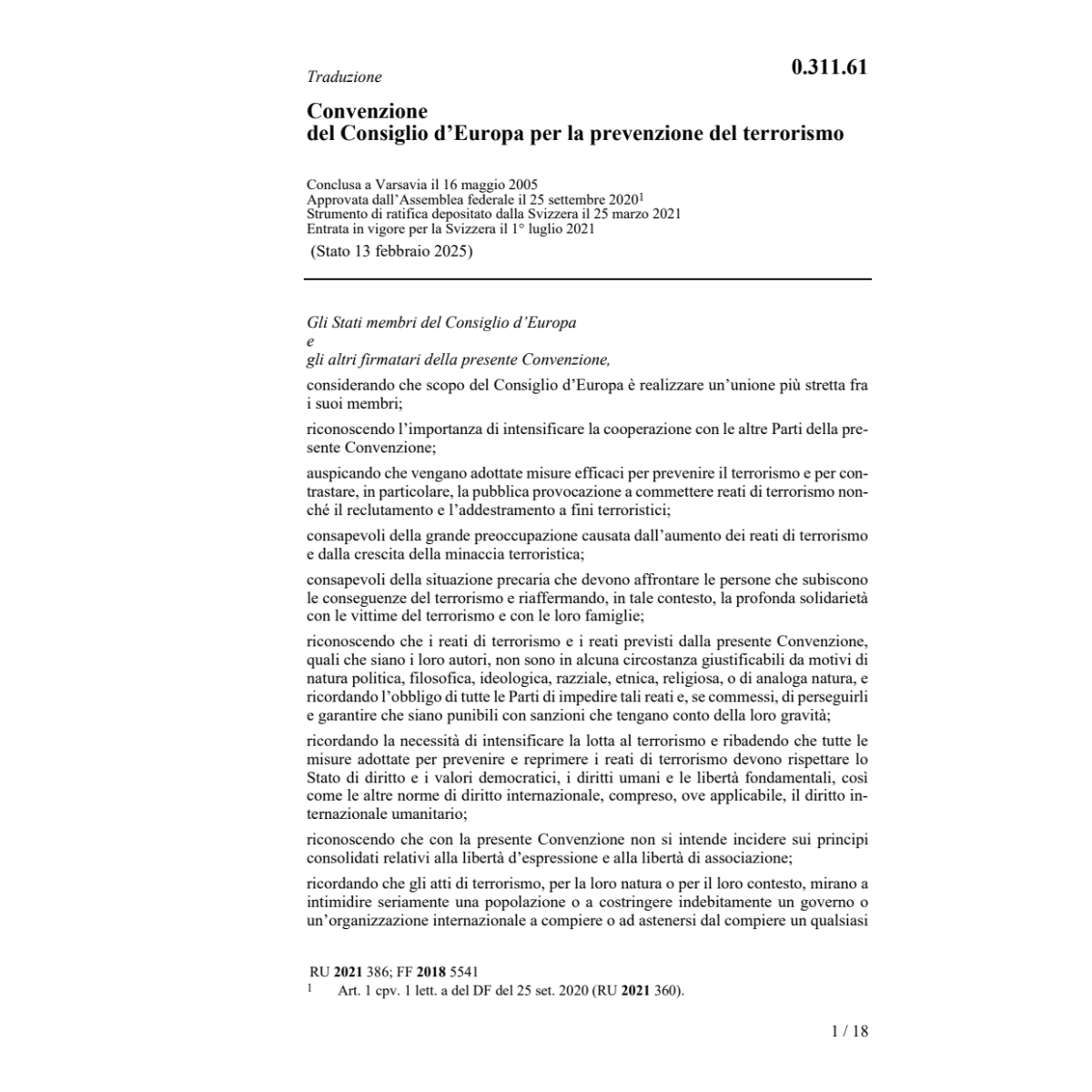 Conv. Consiglio d`Europa terrorismo
