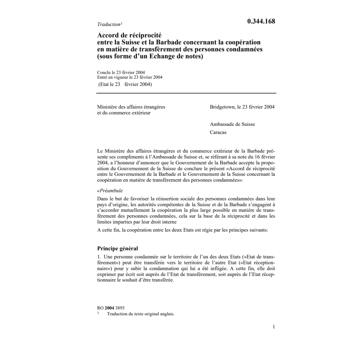 Ac. réciprocité Barbade transfèr. Condam