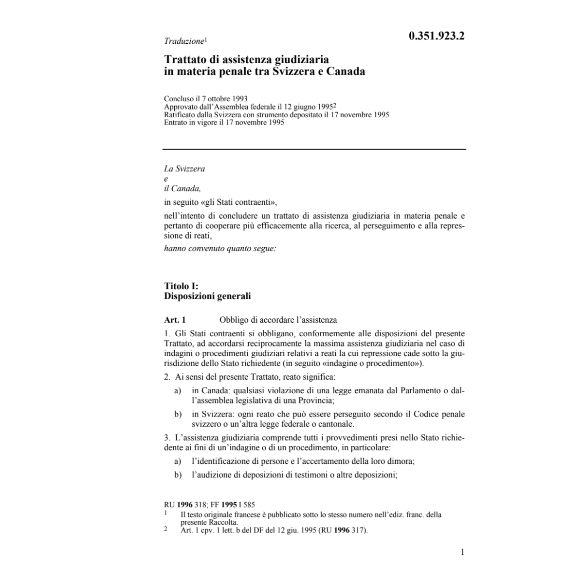 Tratt. assistenza giudizi penale Canada