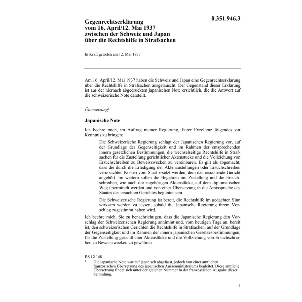 Gegenrechtserkl.CH-Japan Rechtshilfe