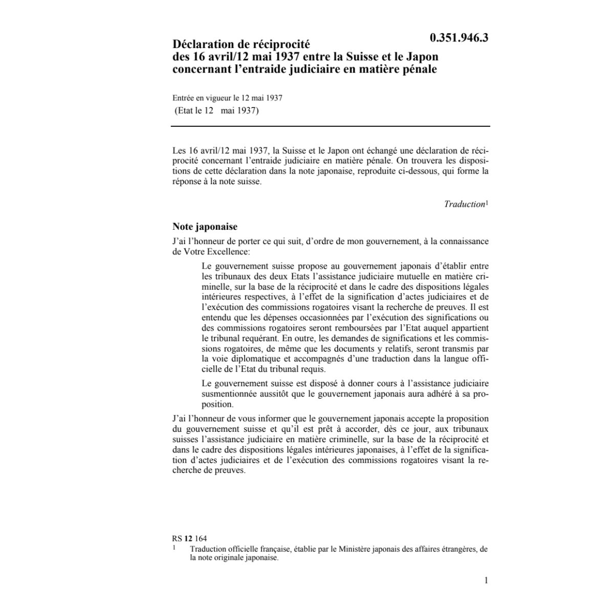Décl.CH-Japon entraide judiciaire