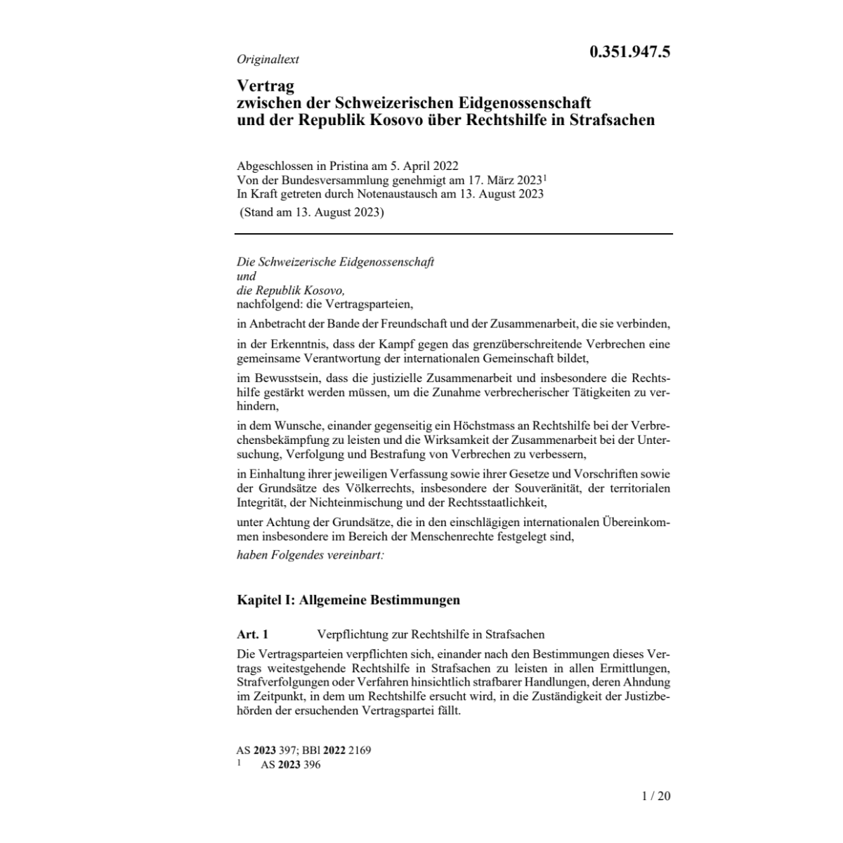 Vertr. 05.04.2022 Schweiz Eidg. Kosovo