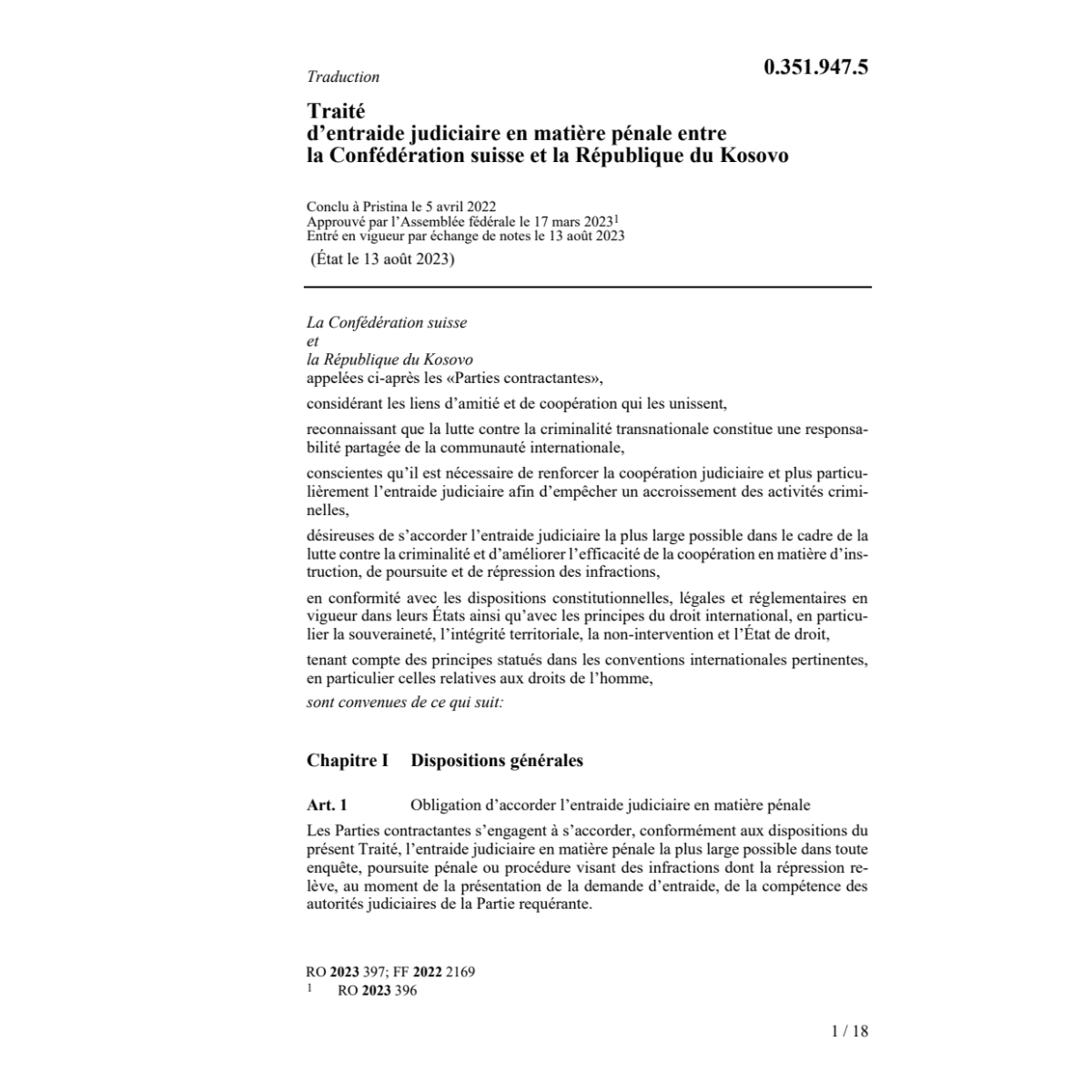 Traité 05.04.22 Conf. suisse Rép. Kosovo