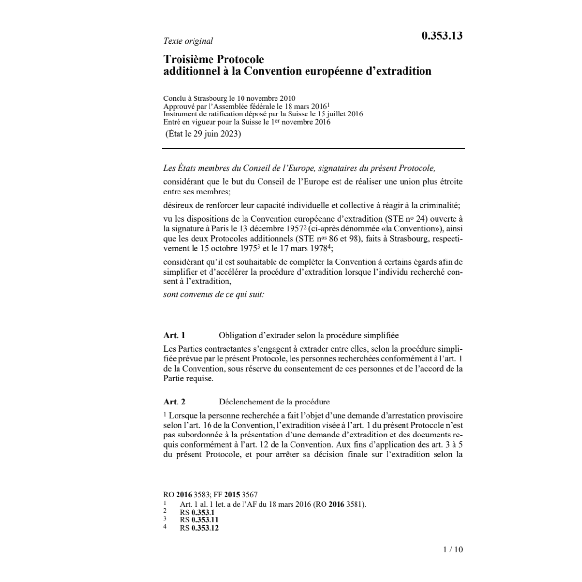 Trois. Prot. Conv. europ. extradition