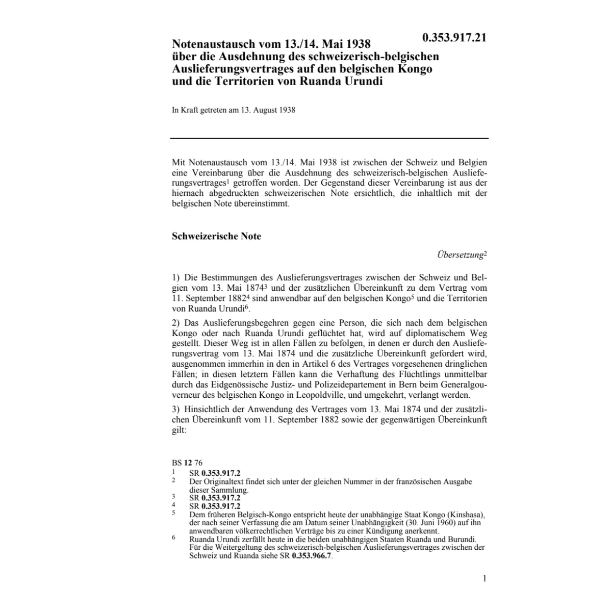 Note Belgien zum Auslieferungsvertrag