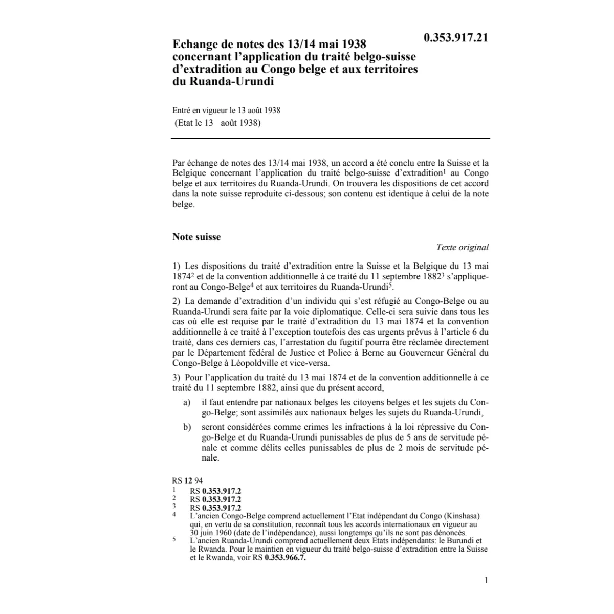 Notes extradition au Congo belge