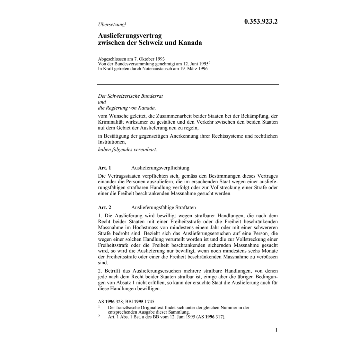Auslieferungsvertrag Schweiz/Kanada