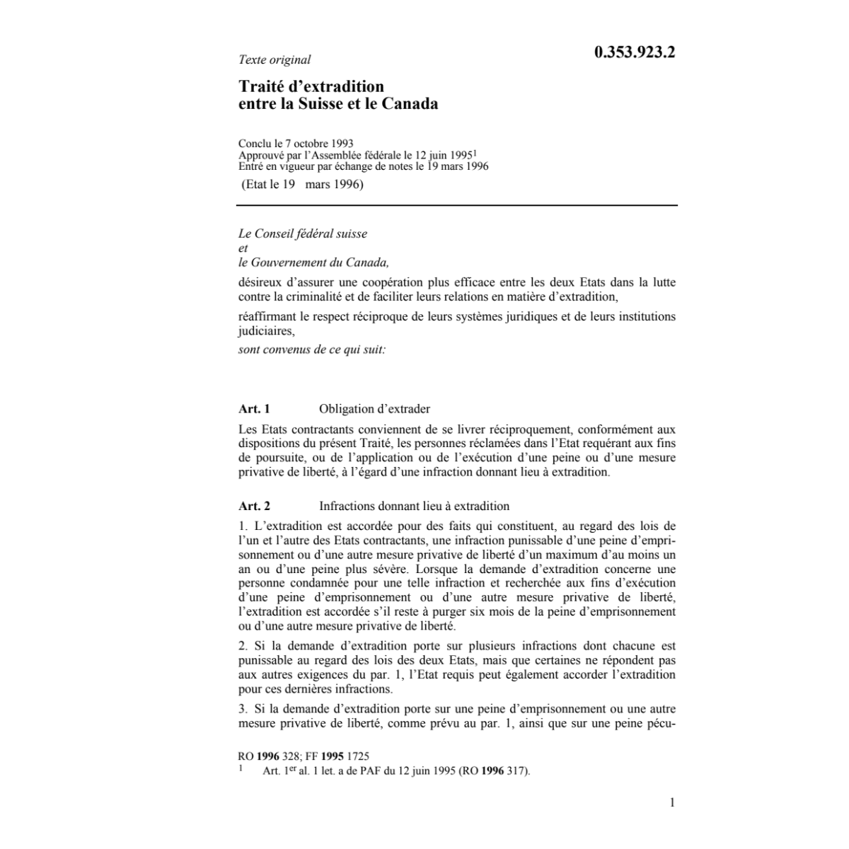 Traité d'extradition Suisse / Canada