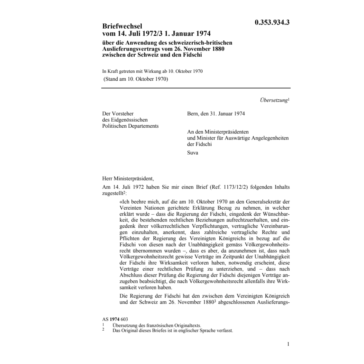 Briefwechsel CH-Fidschi Auslieferungsv.