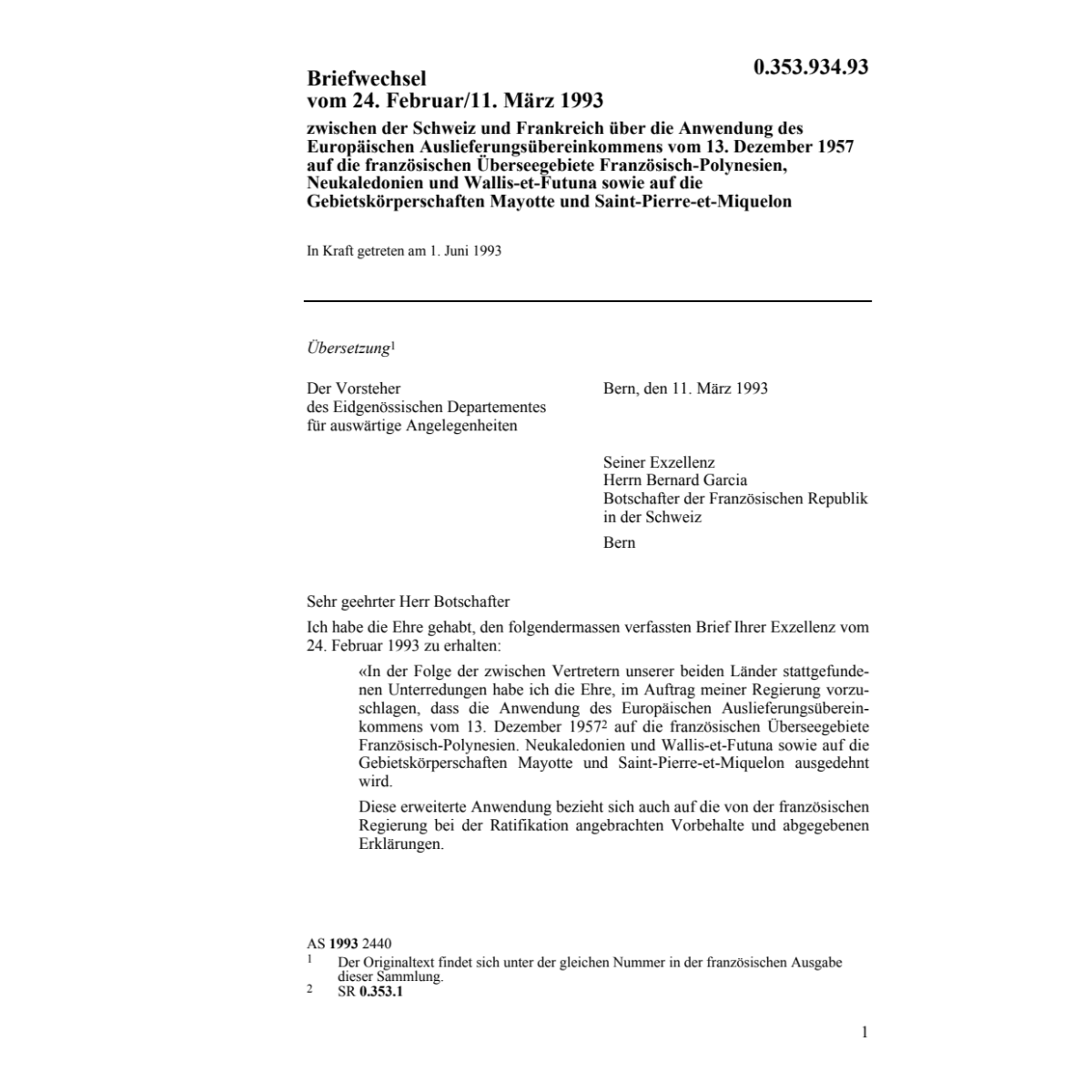 Briefwechsel CH-F Auslieferungsübereink.